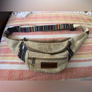 Neutral Beige Hemp Crossbody Waist Bag with Patterned Strap